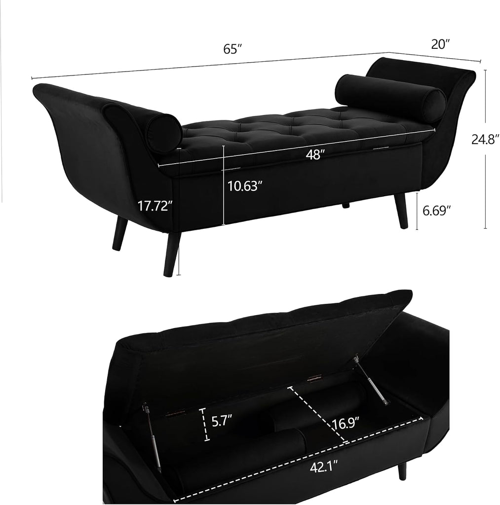 Storage Bench End of Bed, 65" Velvet Upholstered Rolled Armed Button Tufted Stool Bench, Storage Ottoman Long Bench