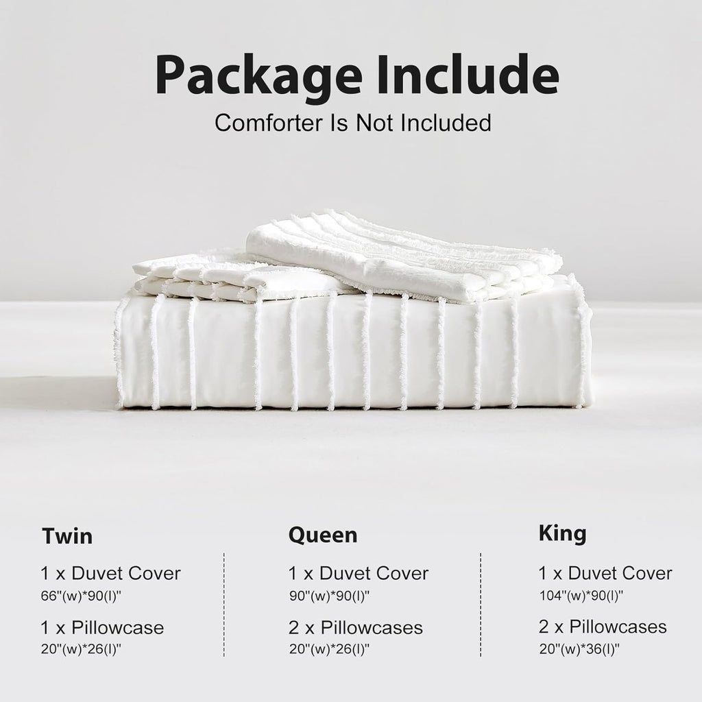 White Boho Duvet Cover Set, Striped Textured Tufted Bedding Set, 3 Pcs Ultra Soft Washed Microfiber with Zipper