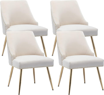 Velvet Dining Room Chairs Set of 4 Nailhead Back Ring Pull Trim with Gold Legs for Kitchen Living Room(Beige)
