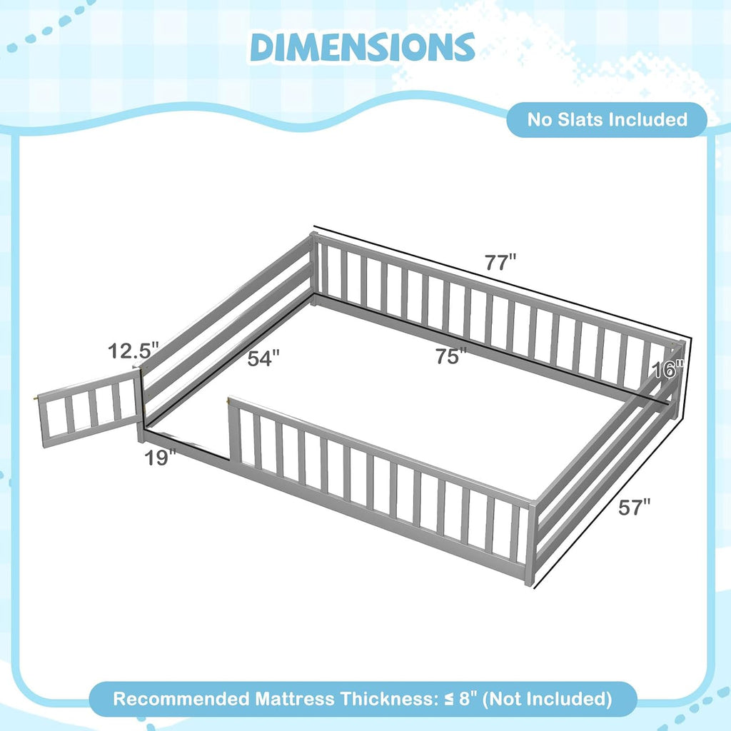 Full Floor Bed with Door & Fence, Kids Wood Montessori Beds with Safety Guardrails, Floor Bed Twin for Kids, Boys