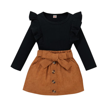 Toddler Baby Girl Fall Winter Clothes Solid Knit Ruffle Pullover Tops Corduroy Mini Skirts Outfits