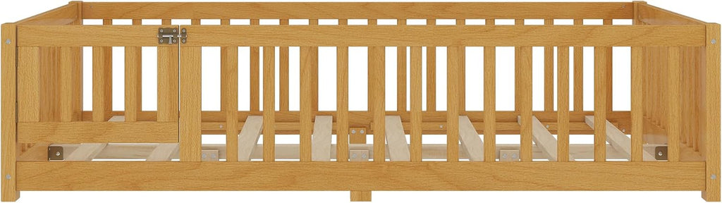Full Size Montessori Floor Bed with Slats and Center Support Bar, Full Size Floor Bed with Door and Fence, Easy