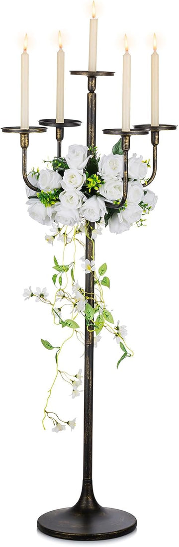 Black Floor Candelabra Centerpiece 5-arm 48inch Tall Candle Holders for Candlesitcks Taper Pillar Candles Metal