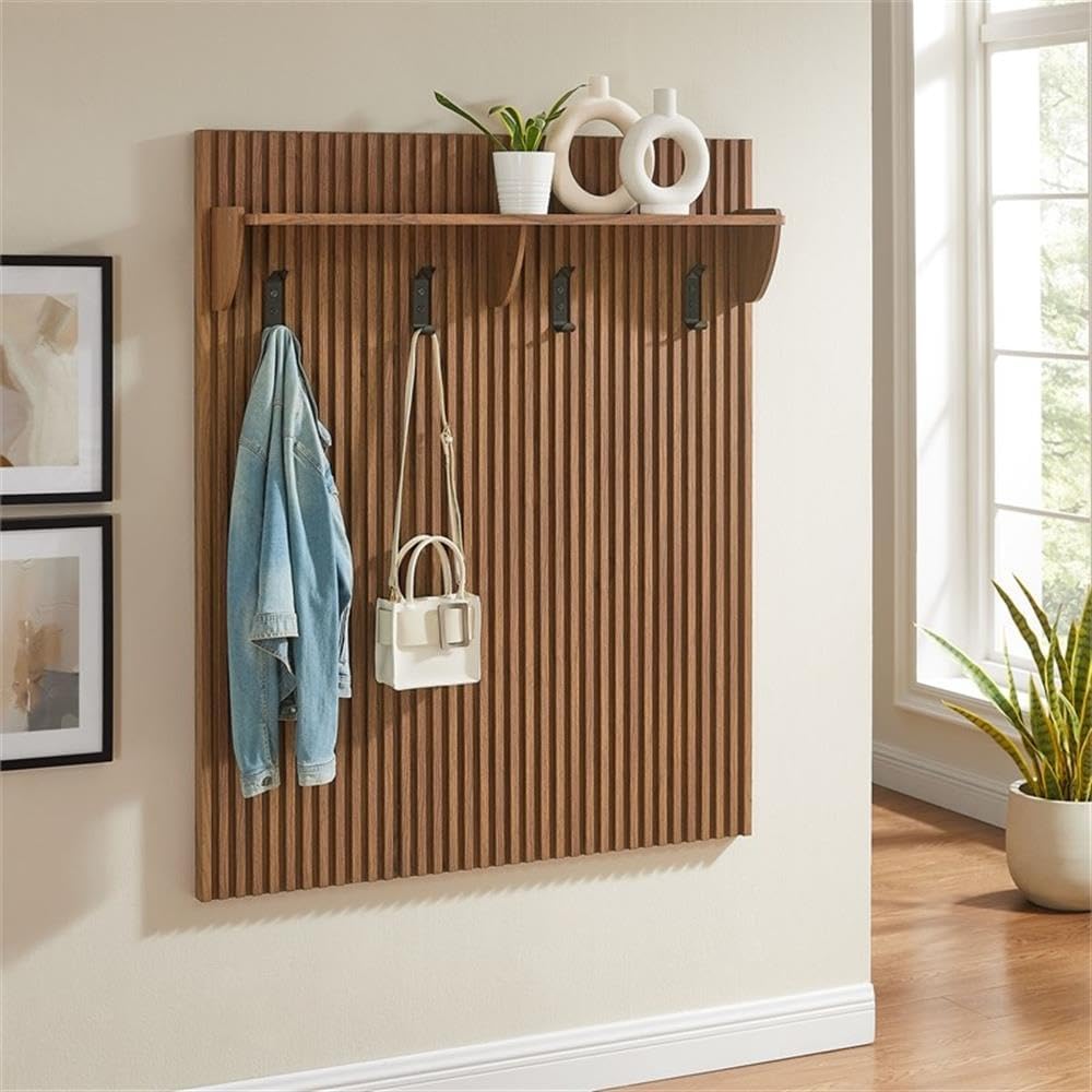 Contemporary Wall-Mounted Fluted Coat Rack Panel, Walnut Finish, 4 Hooks with Shelf, Durable Wood Grain Laminate