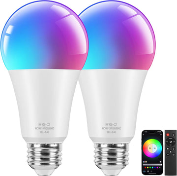 Smart A19 LED Light Bulbs, 60W Equivalent 800LM Color Changing E26 9W Bluetooth Light Bulbs with Remote Control, 16 (2-Pack)