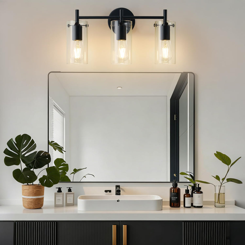 Bathroom Light Fixtures, 3-Light Matte Black Vanity Light, Black Bathroom Lights Over Mirror with Clear Glass Shade