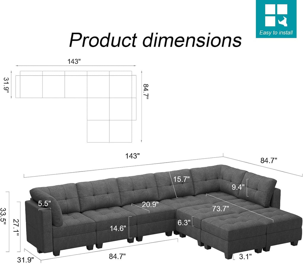 Modular Sectional Sofa with Storage L Shaped Couch with Chaise Sectional Sofa with Ottoman, 9 Seats, Dark Grey