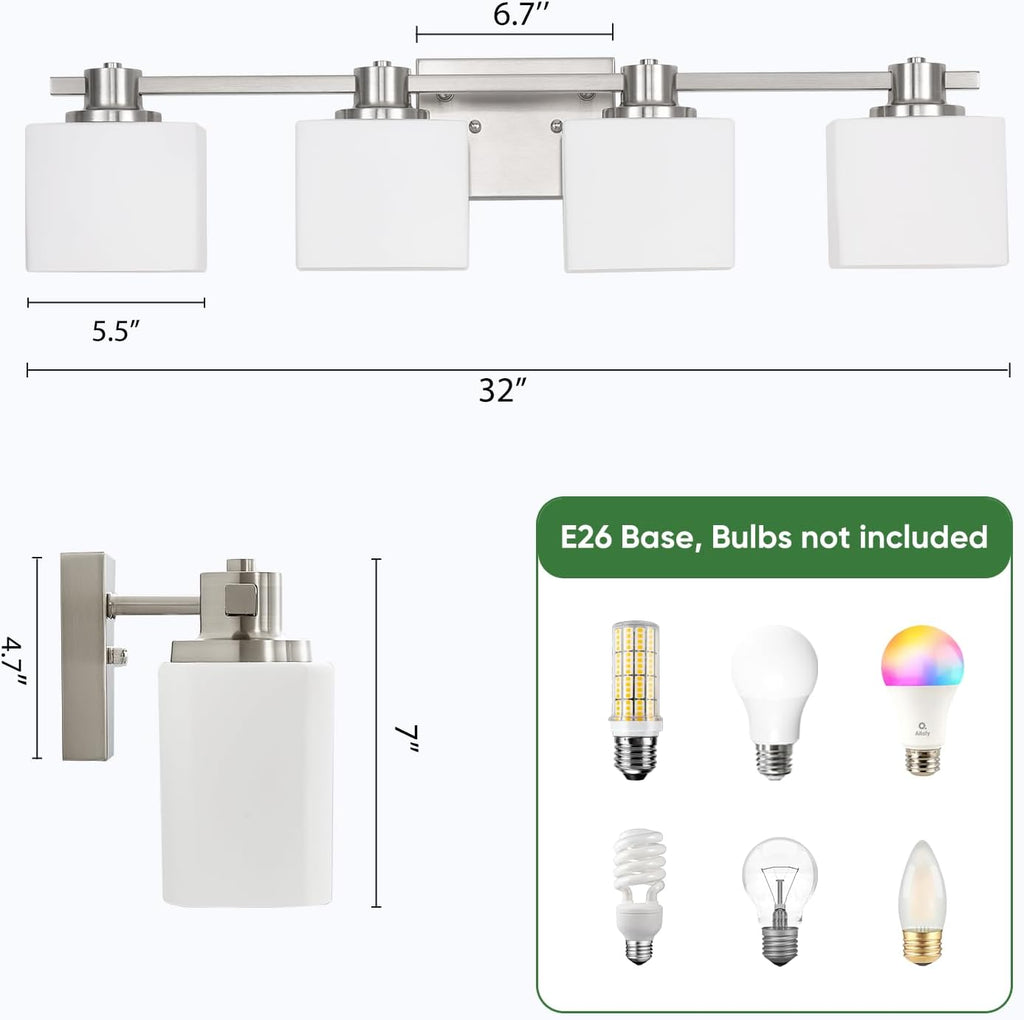 32 Inch Brushed Nickel Vanity Light 4 Light Bathroom Light Fixtures Over Mirror Milk Glass Makeup Shower Lamp