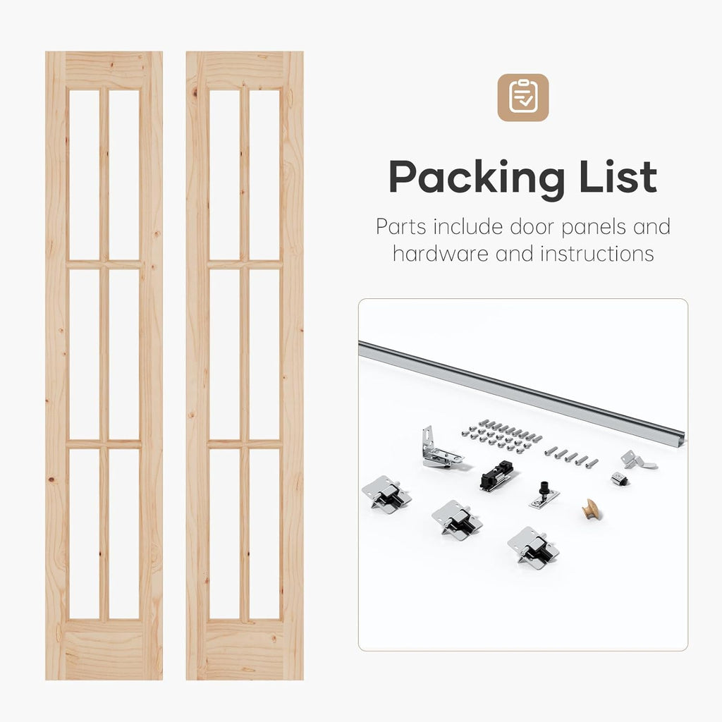 30"x 80" (Double 15" x 80") Bifold Barn Door, Tempered Frosted Glass Bifold Closet Door with 2.5FT C