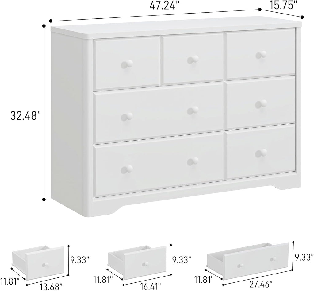 7 Drawers Dresser Cabinet, Kids & Nursery Storage Chest, Multi-Functional Wood Large Chest of Drawers, White Dresser