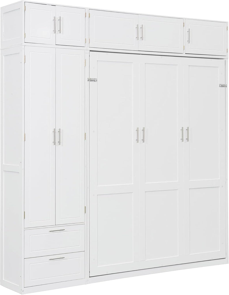 Queen Murphy Bed with Top Cabinet, Shelves and Wardrobe, Fold into The Wall, Space-Saving Design, Multifunctional
