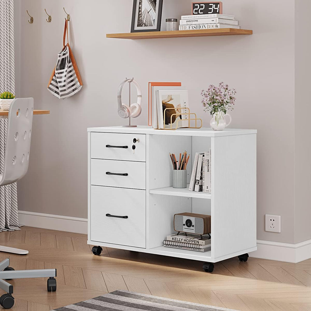 3 Drawer Office File Cabinets, Mobile Lateral Printer Stand with Open Storage Shelf, Rolling Filing Cabinet with