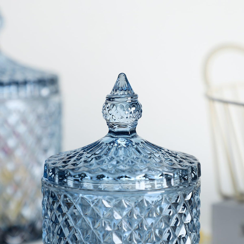 Diamond Faceted Crystal Glass Candy Jar with Lid, Blue Decorative Jar, Jewelry Box, Cotton Swab Storage Holder.