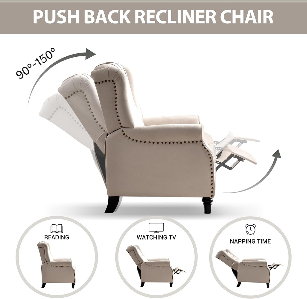 Push Back Recliner Chair, Mid Century Modern Wingback Chair, Comfy Armchair Fabric Living Room Chairs with Rivet
