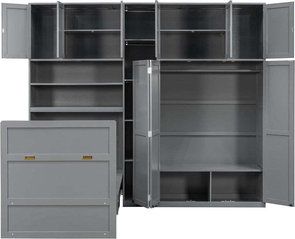 Twin Murphy Cabinet Bed with Wardrobe & 5‑Tier LED Display Shelf, Space-Saving Foldable Wall Bed with Storage Shelves