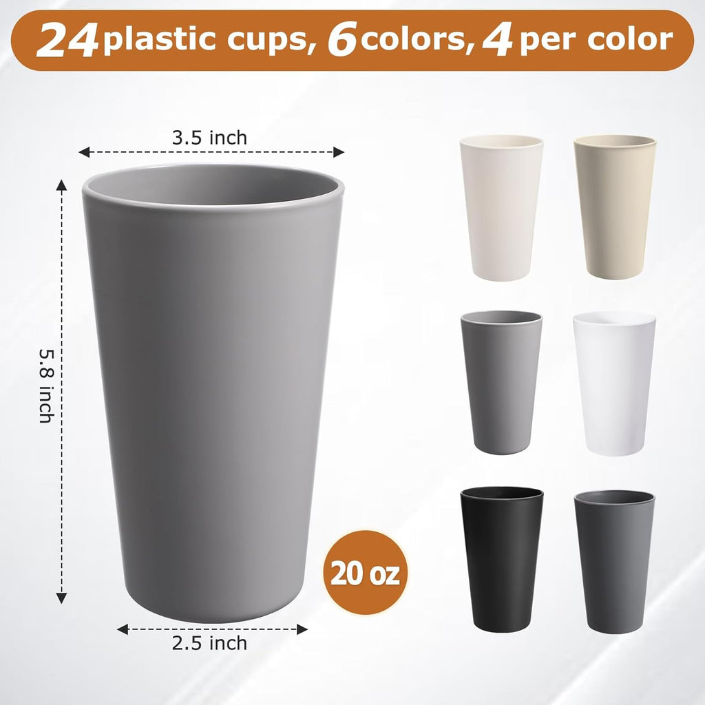 24 Pcs Unbreakable Plastic Cups Set, 20 oz Reusable Plastic Cups, Stackable Water Tumblers, Drinking Cup , BPA-free