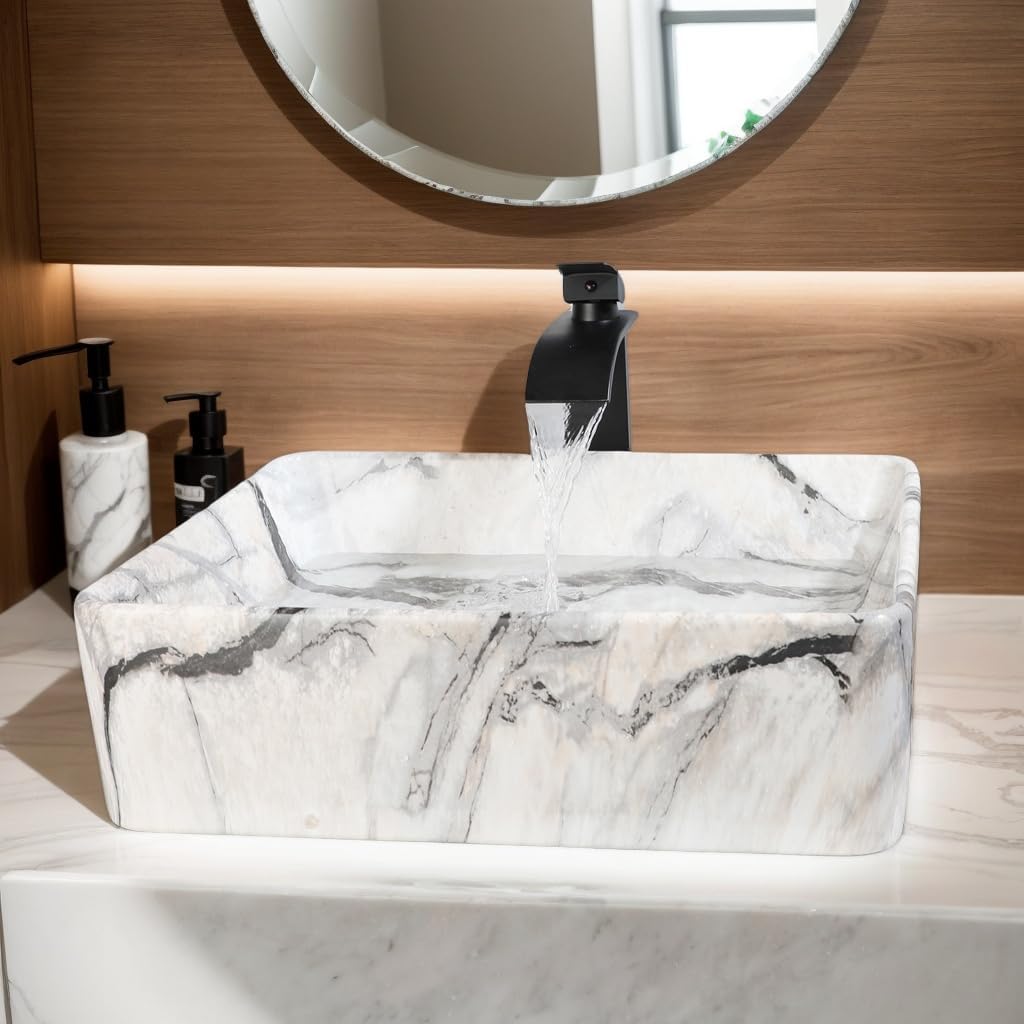 Bathroom 19"X15" Vessel Sink,Ceramic Vessel Sink with Faucet and Drain Combo Rectangular Small Sink Marble Vanity