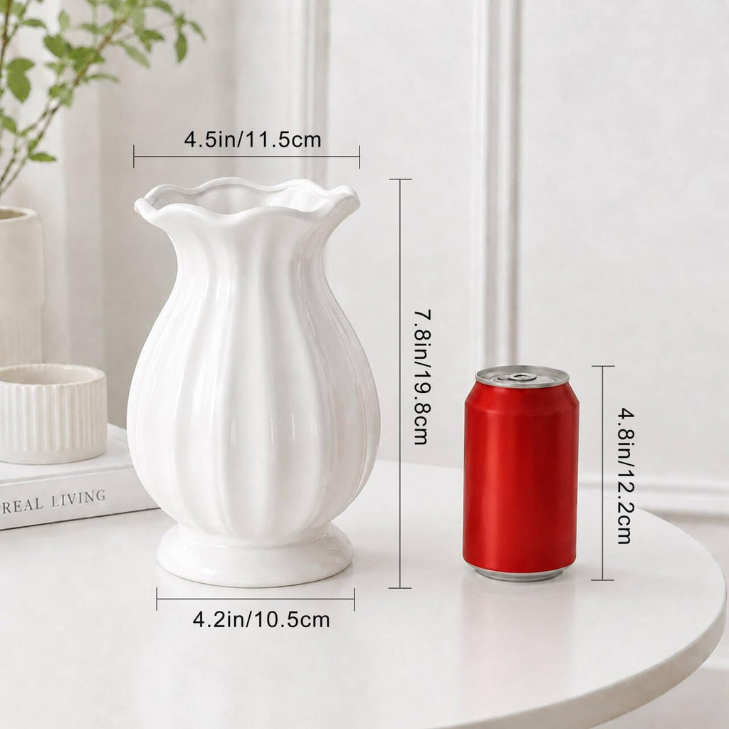 White Ceramic Vase, 7.8 Inch Farmhouse Flower Vase