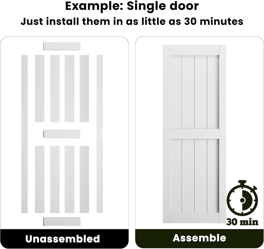 64 x 84 in (Double 32x84 Door) White Barn Door with 11FT Sliding Hardware Kit & Handle, Pre-Drilled 