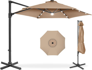 10ft Solar LED Offset Cantilever Hanging Market Patio Umbrella, Smooth 360° Rotation, 8 Sturdy Ribs, Easy Adjustment