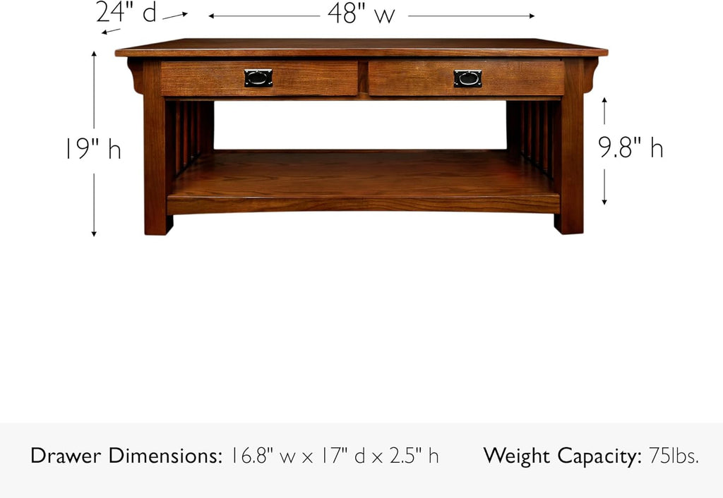 Mission Impeccable Coffee Table, Solid Wood with 2 Drawers & Shelf, Medium Oak Finish, Blackened Hardware