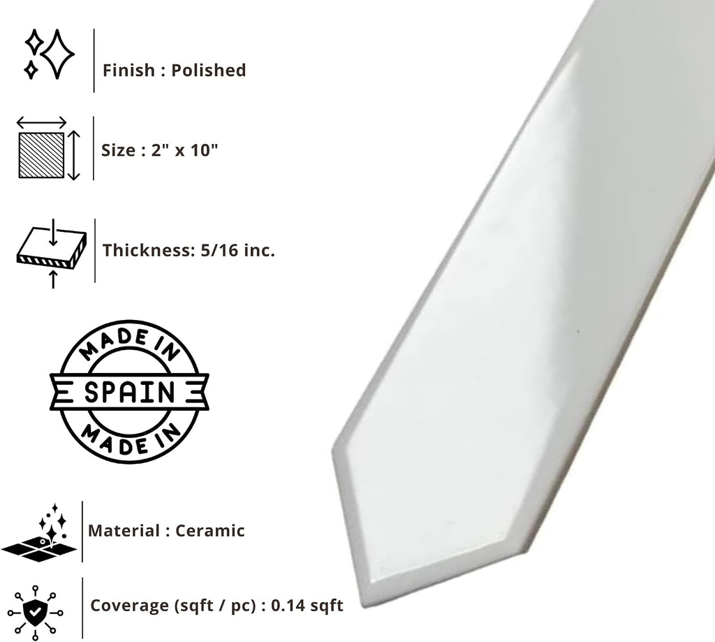 2x10 White Bright Picket Arrow Ceramic Wall Tile - Glossy Finish Backsplash, Shower, Bathroom, Accent Wall - 88