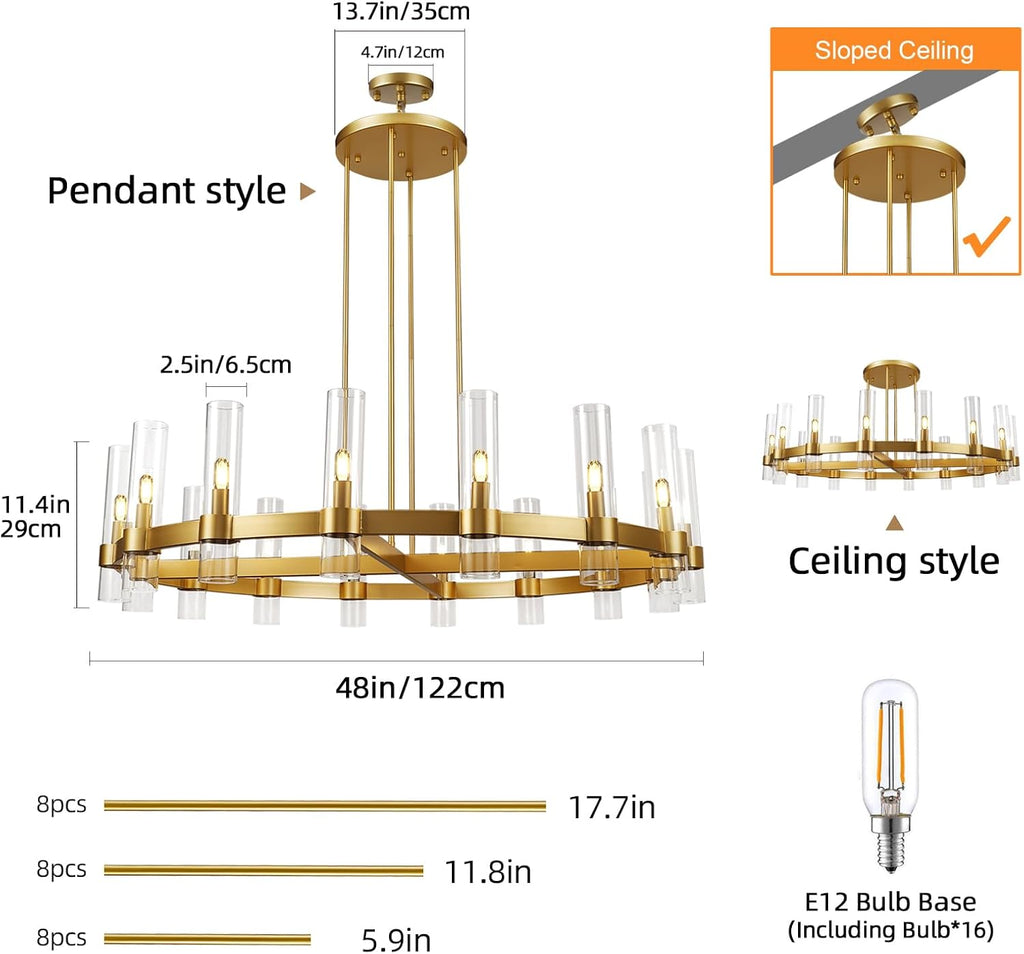 Inspired Ravelle Style Modern 48" Gold Wagon Wheel Chandelier, Brass Round Chandeliers for Dining Room,16-Light Farmhouse Living Room Chandelier with Glass Tube for Bedroom,Staircase, Foyer, Entryway, Includes Bulbs