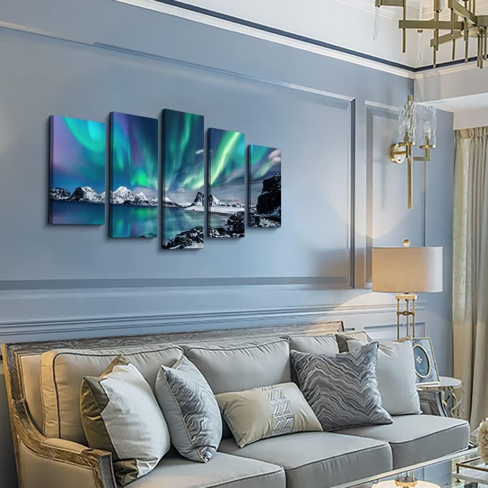 Large Canvas Wall Art Set - Blue Aurora Scenery Paintings - Modern Canvas Art Prints Ready to Hang - 5 Piece Set