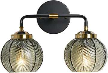Mid Century Vanity Light Black Bathroom Wall Light Fixtures Green Glass Wall Sconce lamp Ribbed Glass Shade Modern