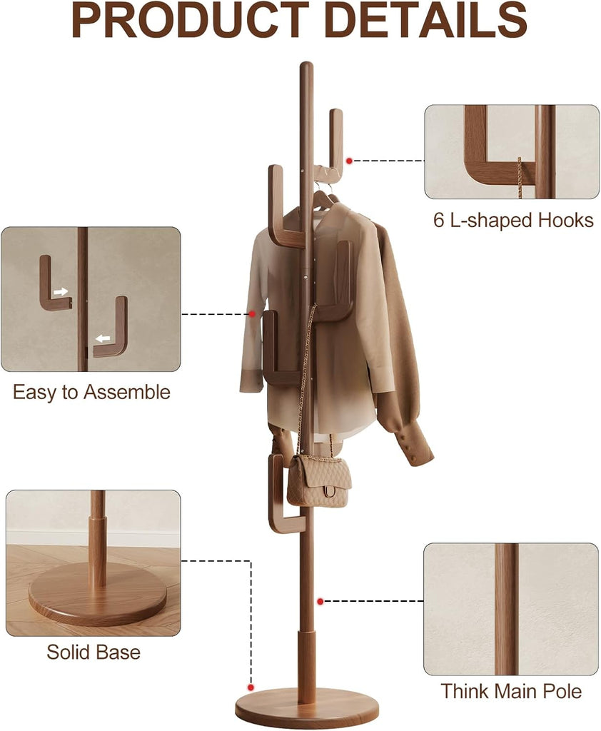 Solid Wood Cactus Coat Rack, Freestanding Coat Rack With 6 L-Shaped Hooks and 3 Adjustable Sizes, Coat Tree , Coat