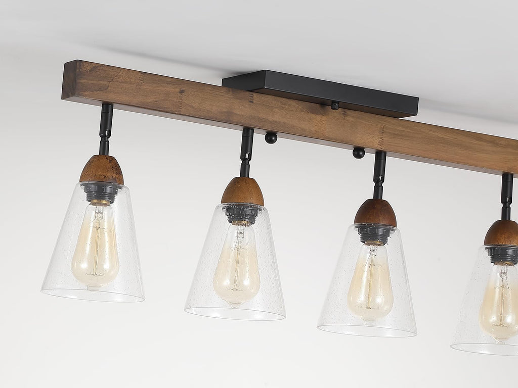 4-Light Large Rustic Farmhouse Wood Flush Mount Ceiling Light Fixture Clear Seeded Glass Shade and Oak Wood Track