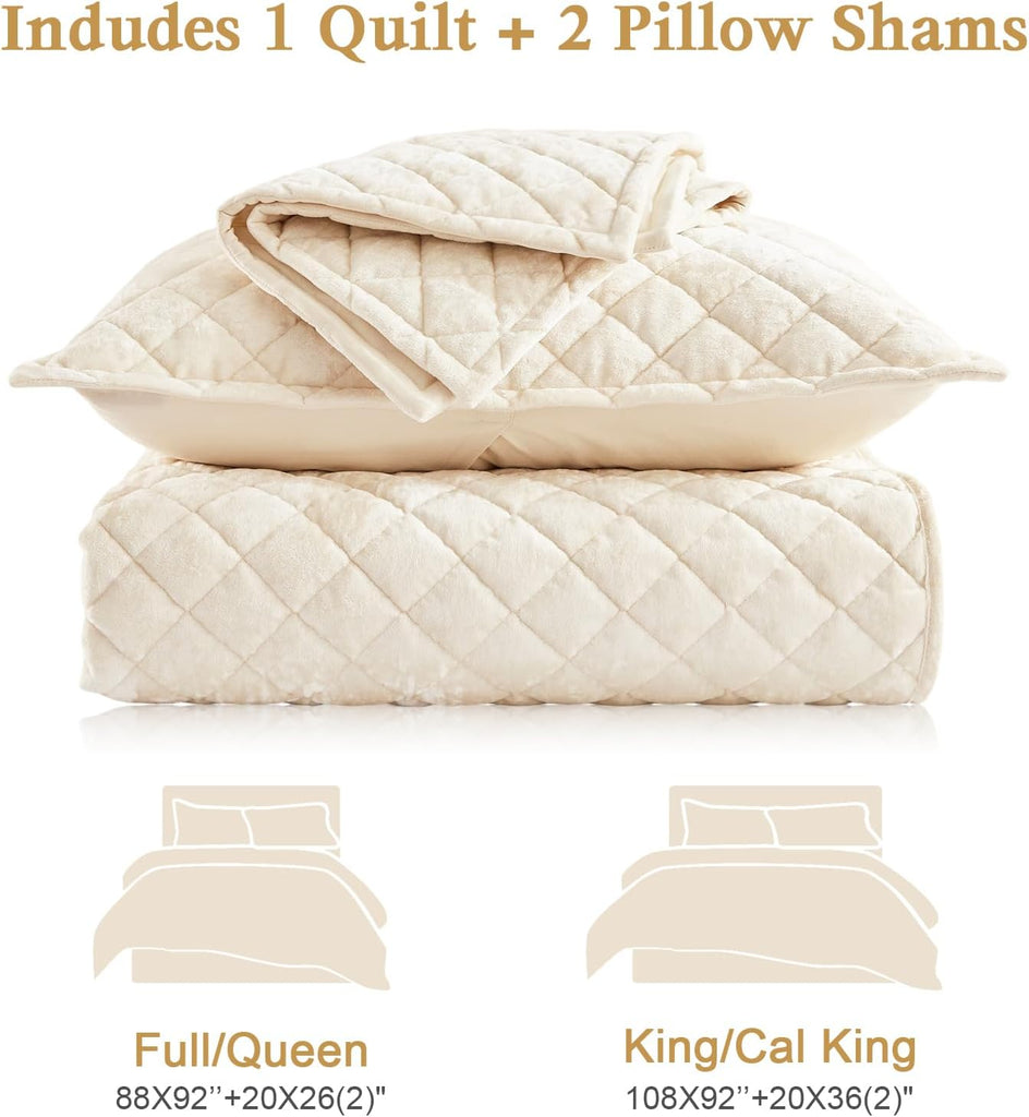 Luxury Velvet Quilt Set King, Lightweight Oversized Bedspread Coverlet Quilted Box Stitch Bedding Set, with 2