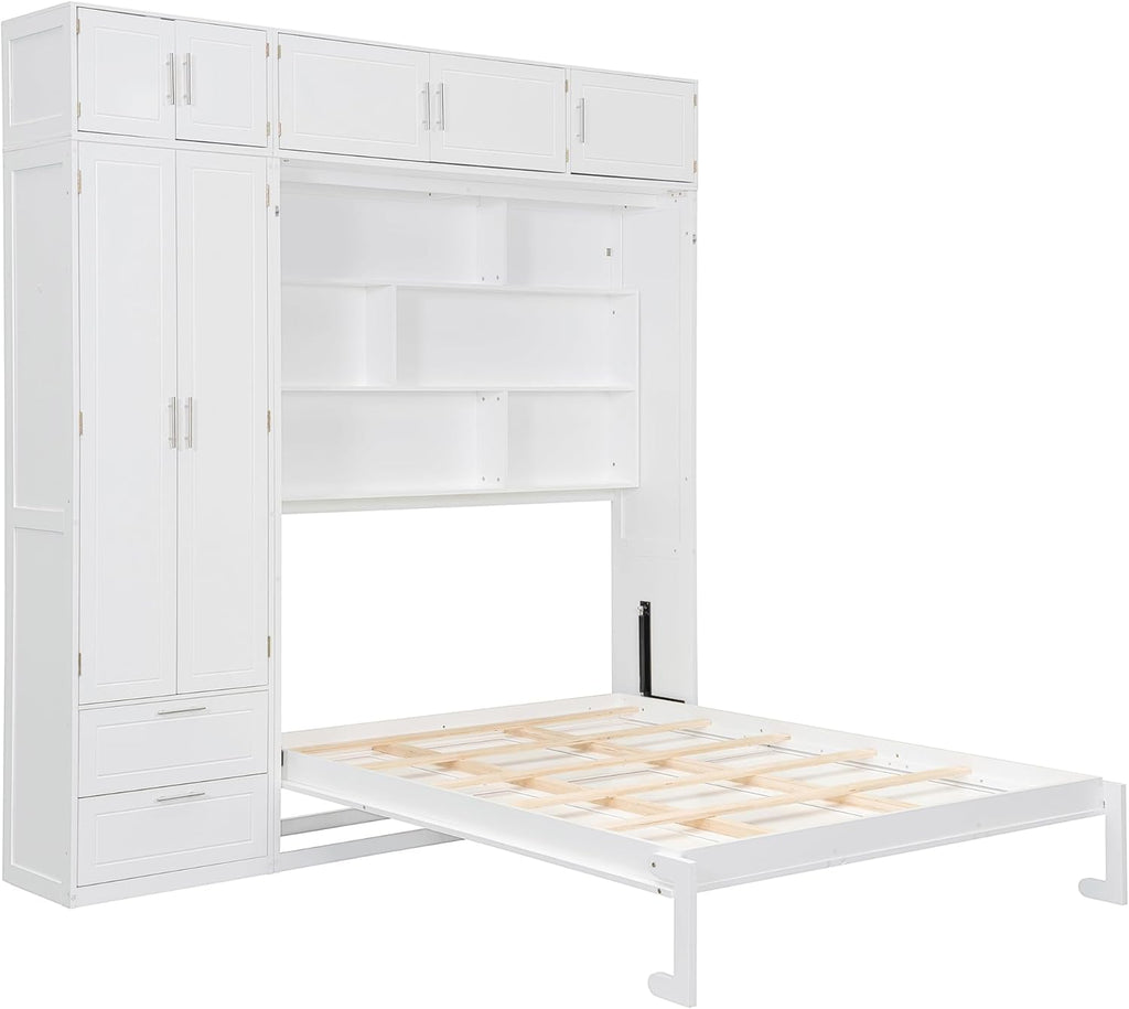 Queen Murphy Bed with Top Cabinet, Shelves and Wardrobe, Fold into The Wall, Space-Saving Design, Multifunctional