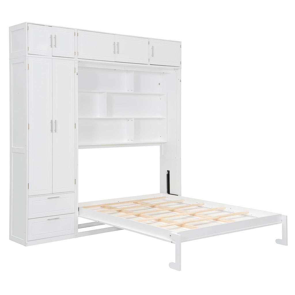 Queen Size Murphy Bed with Wardrobe, Space Saving Hidden Wall Bed Frame with Drawer & Storage Shelves, Foldable