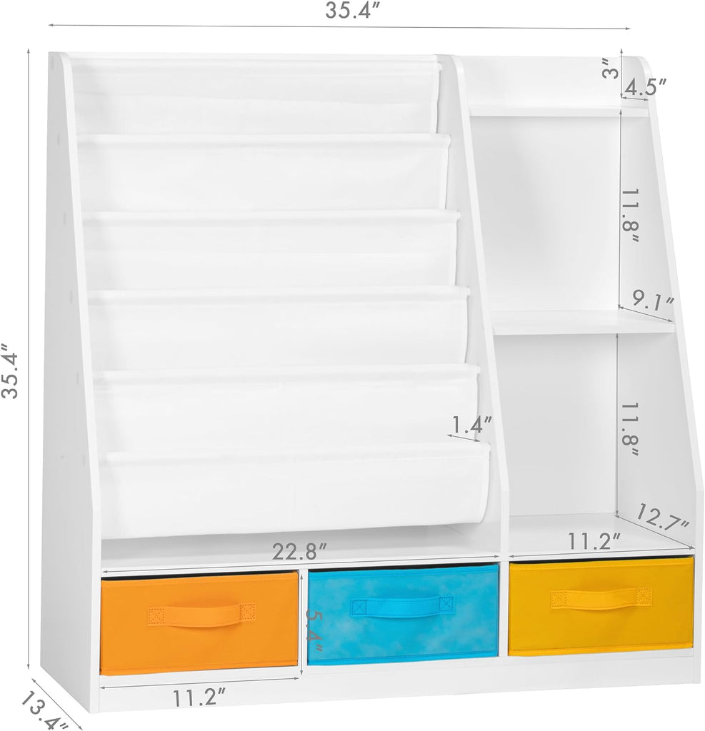 5-Tier Kids Sling Bookshelf with Storage Bins, Wood Children Bookcase, Toddler Montessori Book Shelf for Kids Room