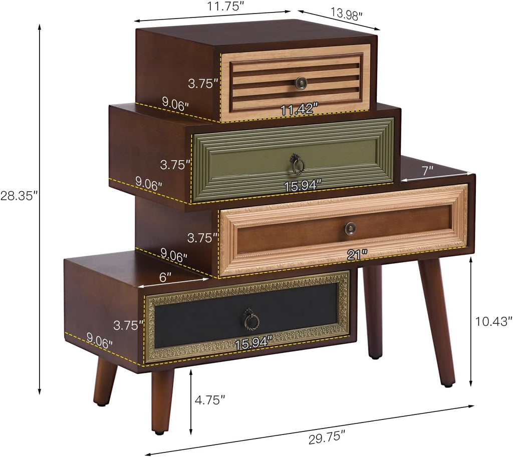 Vintage Accent Chest with 4 Drawers, Asymmetrical Stacked Design, Multicolored Hand-Carved Decorative Rustic Cabinet