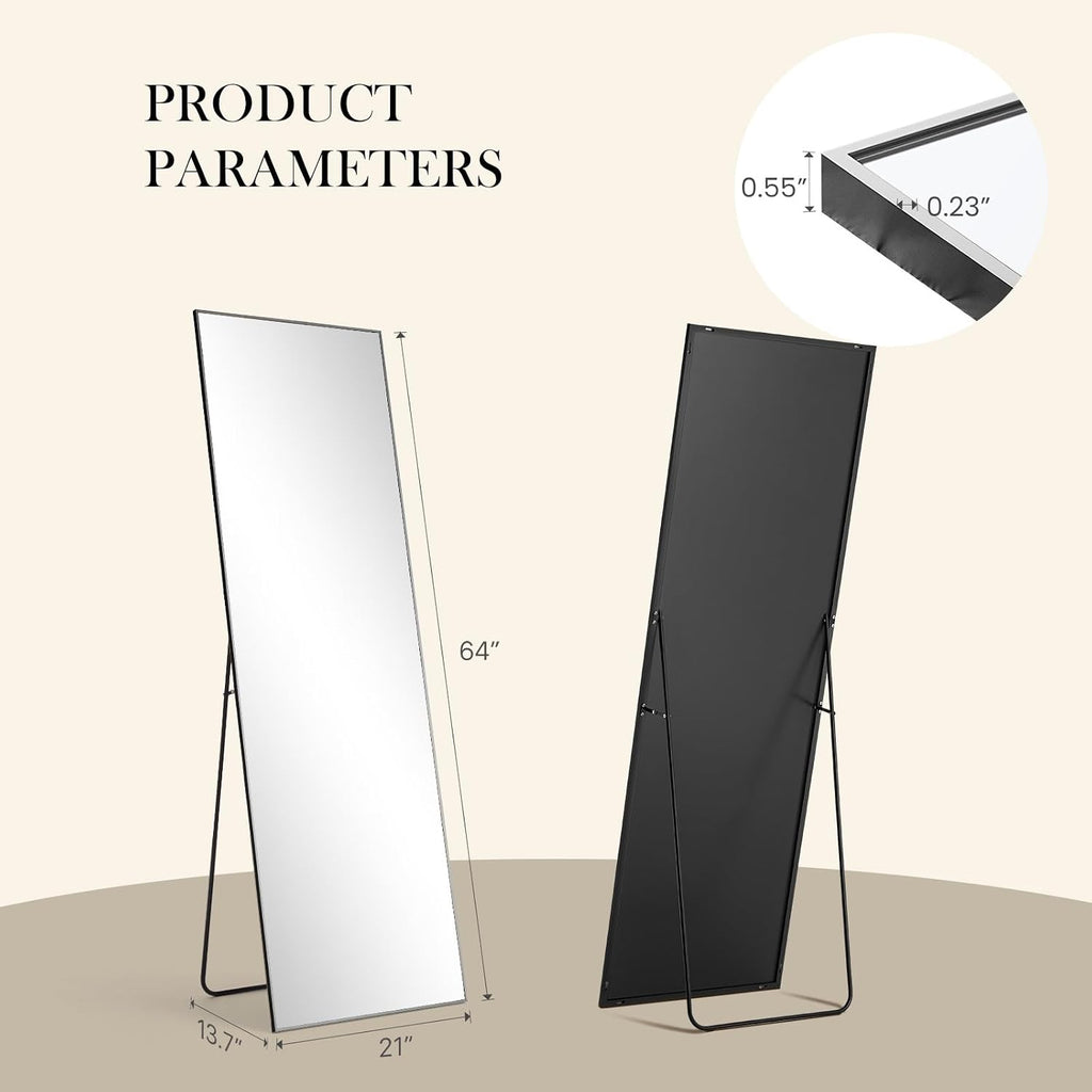 64"x21" Full Length Mirror, Full Body Mirror, Black, Aluminum Alloy Thin Frame, Leaning or Hanging