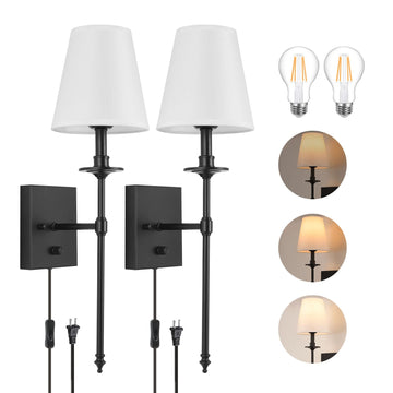 Dimmable Wall Sconces Set of Two, Plug in Wall Sconces White Fabric Shade, Wall Lamp, Plug in Wall Light Sconces