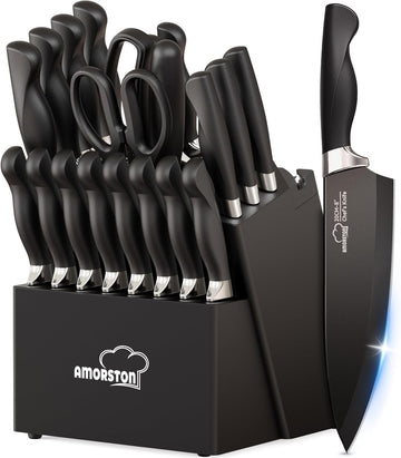 Knife Set, 21 Pieces Kitchen Knife Set with Block and Sharpener, Ultra-Sharp Knives Set with Ergonomic Handles, Black