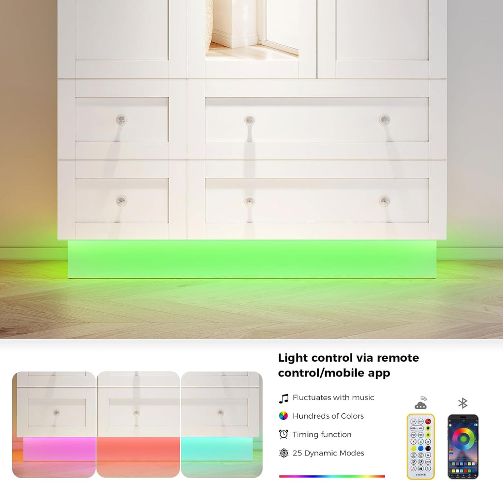 Wardrobe Closet with 3 Doors Bedroom Armoire with Mirror & 4 Drawers | Large Capacity Storage Closet with LED Light