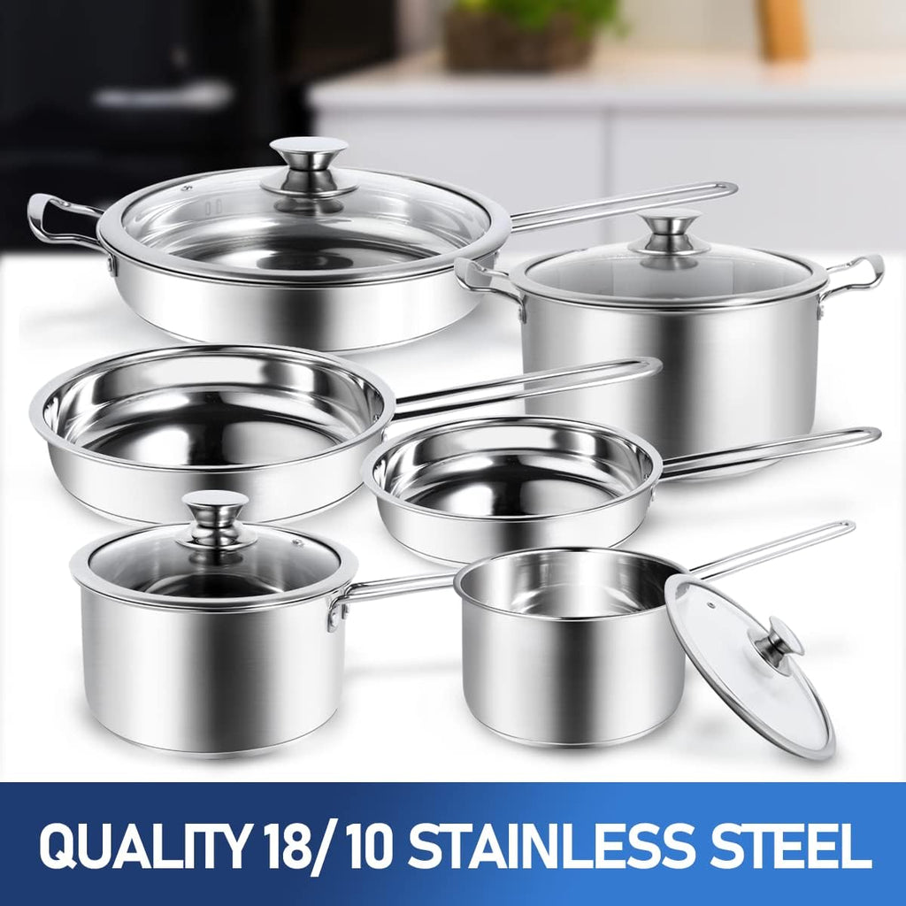 10-Piece Pots and Pans Set, Stainless Steel Cookware Set- Includes Ergonomic Handle Saucepans, Skillets, Dutch Oven