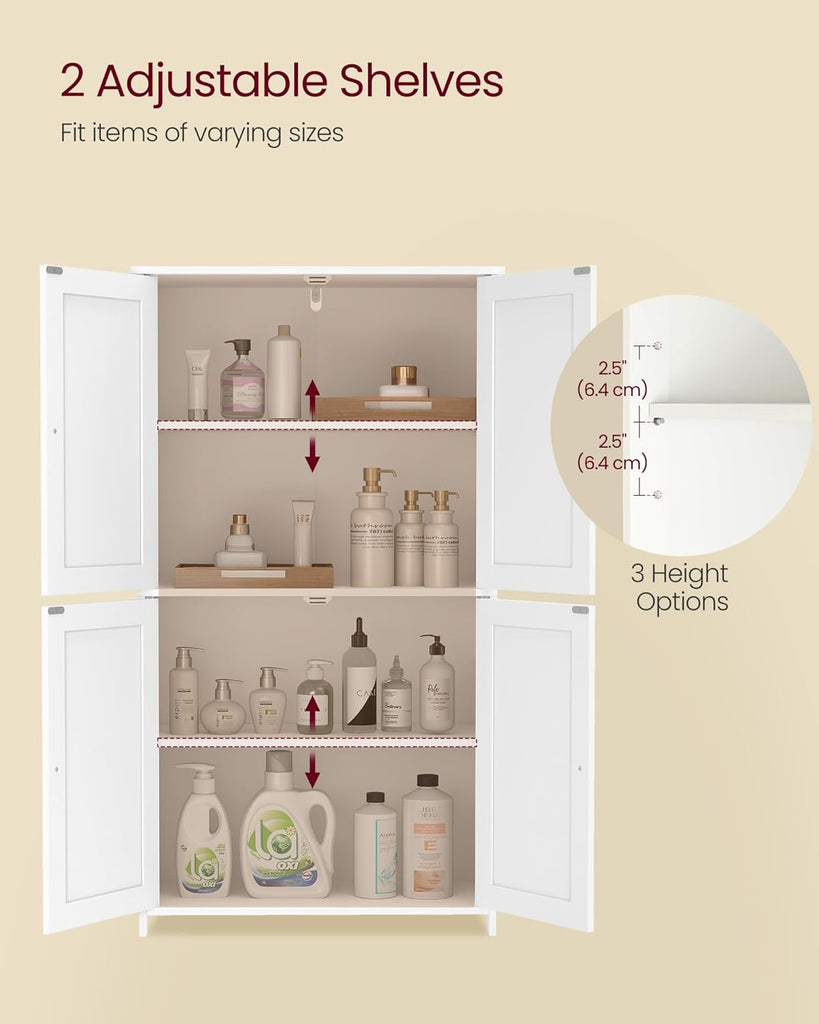 Floor Storage Cabinet, Shaker Cabinet with 2 Adjustable Shelves, 4 Doors, Tall Freestanding Organizer Unit, Bathroom
