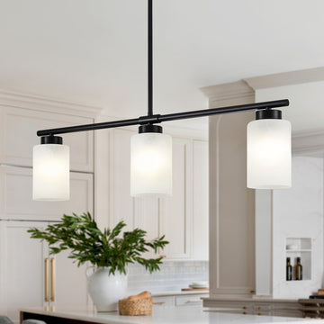 31" Kitchen Island Lighting 3 Light Black Pendant Light Island with Milk Glass Shade Modern Linear Chandelier