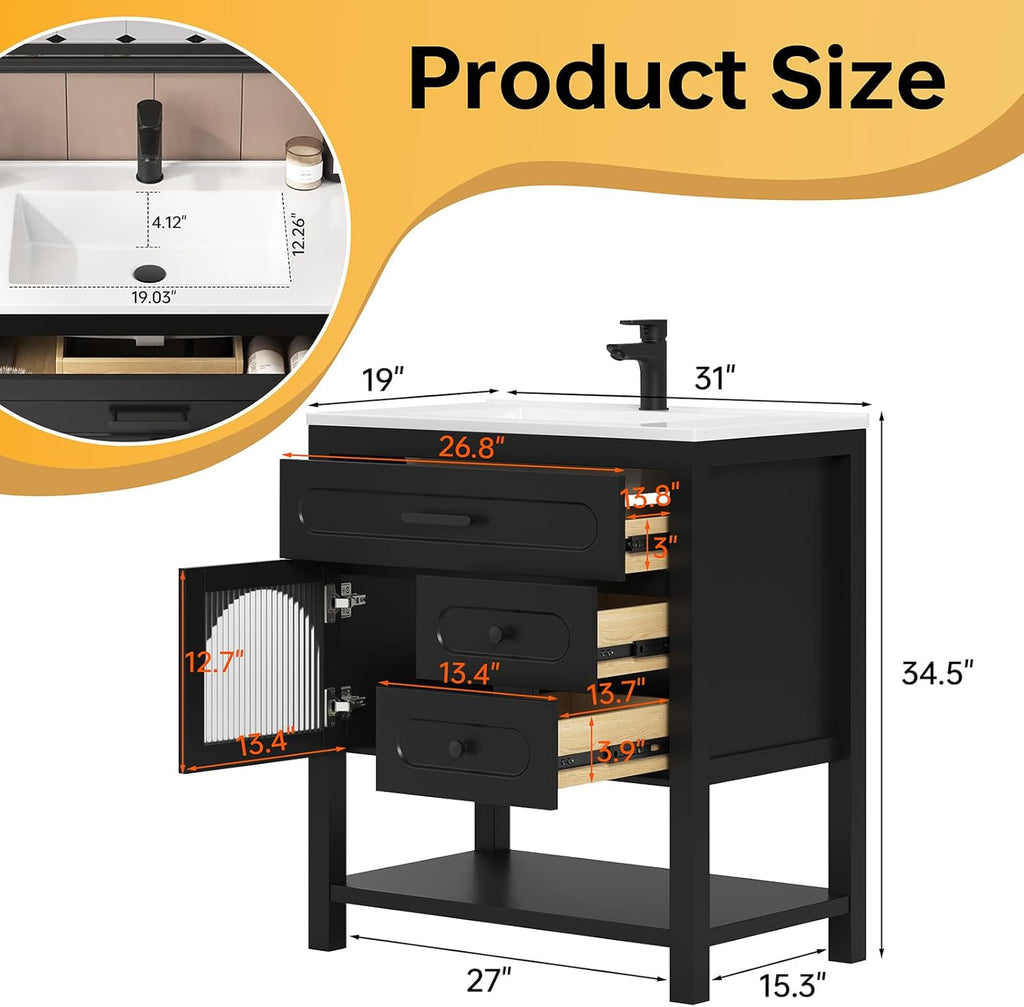 30" Black Freestanding Bathroom Vanity with Sink - Vanity Cabinet with Adjustable Feet