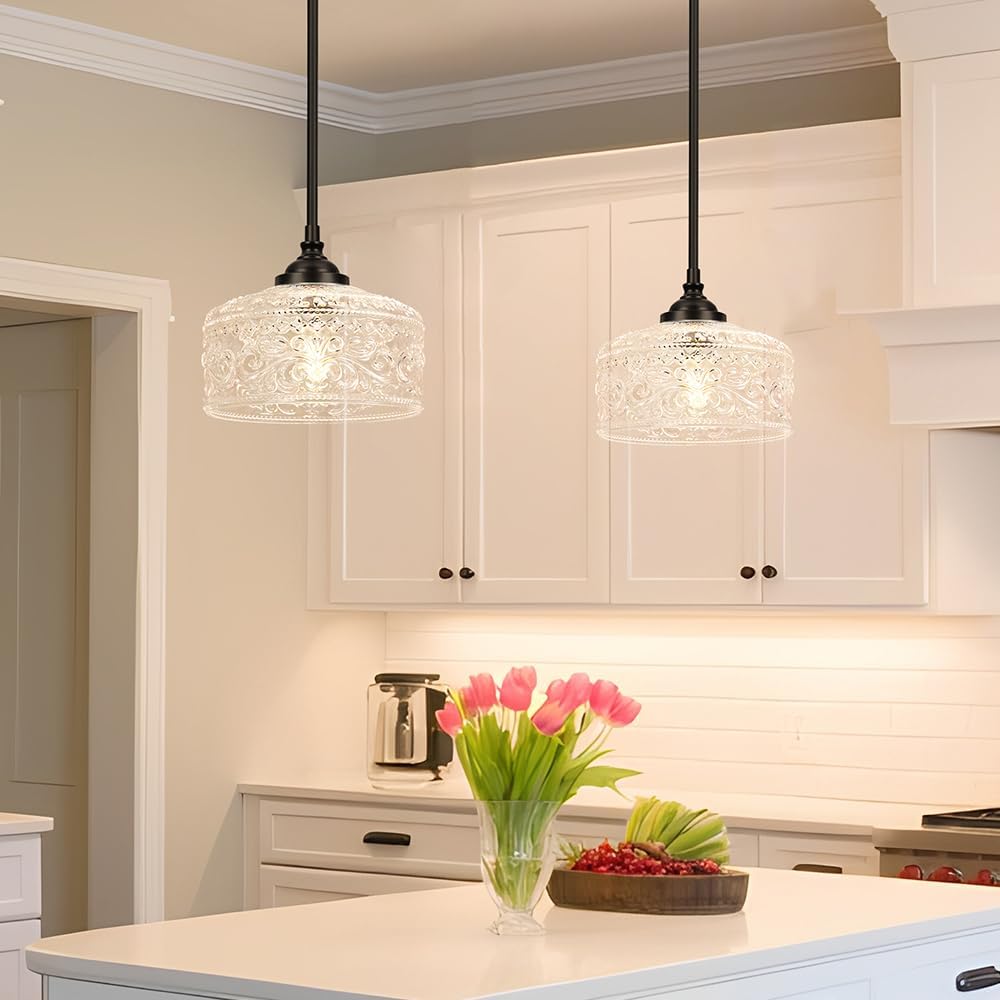 Black Vintage Pendant Lights Kitchen Island, Adjustable Height Kitchen Island Lighting, Bathroom Pendant Light with Clear Glass Shade- Dual Mount Ceiling & Hanging Fixtures with 90° Swivel for Decor