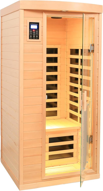 1 Person Low EMF FAR Infrared Sauna, Canadian Hemlock Home Saunas, 6 Heating Panels Personal Sauna Room,1460watt Indoor Saunas with LED Reading Lamp, LCD Display-Control, Bluetooth Speakers