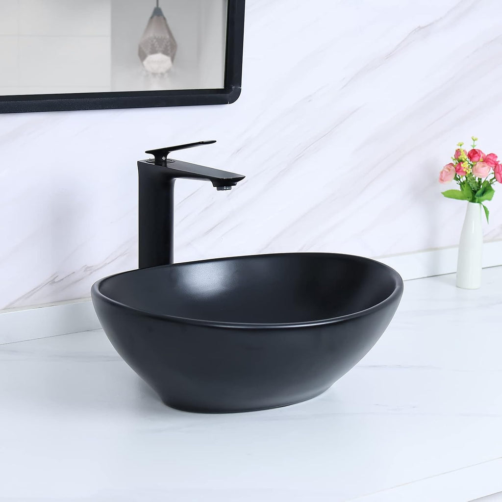15.7" x 13" Matte Black Oval Vessel Sink with Pop Up Drain,Bathroom Sinks Above Counter,Bathroom Vessel