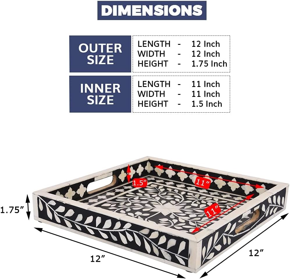 Alhambra Bone Inlay Decorative Tray, Coffee Table & Ottoman Serving Tray, Black White Vanity Countertop Organizer