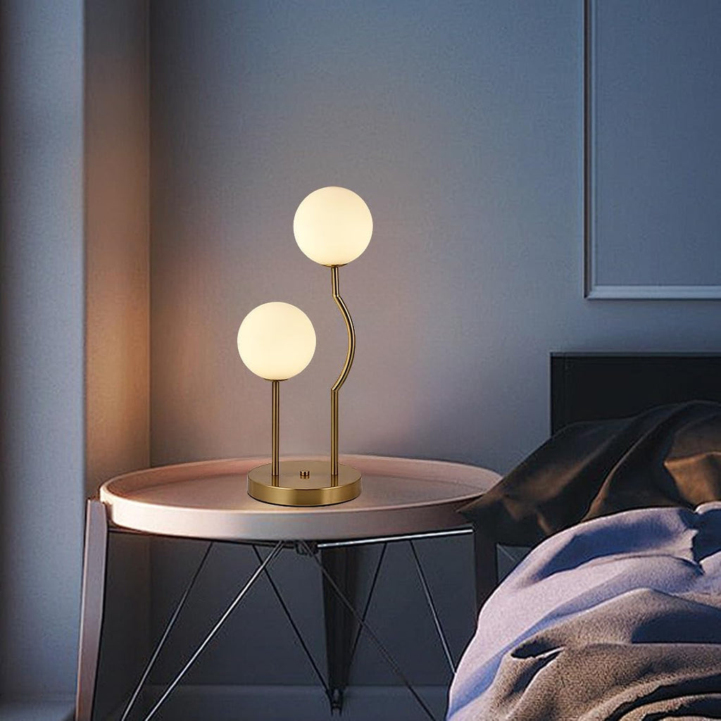 Mid Century Gold Globe Table Lamp 2-Light Orb Modern Beside Desk Table Light with Milk White Glass Shade Metal Base