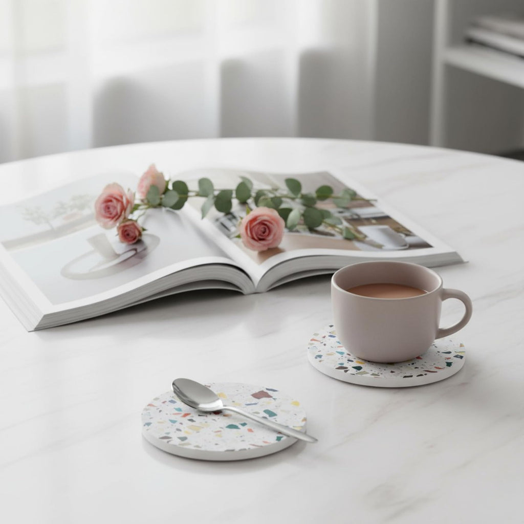 Absorbent Terrazzo Drink Coasters Set of 6 with Holder, Ceramic Drink Coasters for Coffee Table Decor